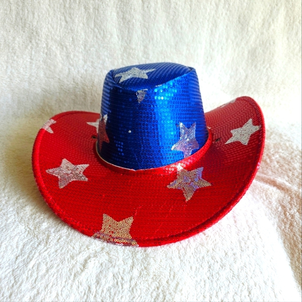 New 4th of July Independence Light-Up Sequin Cowboy Hat, Red White Blue One Size